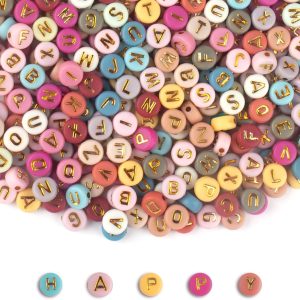 1000PCS Colourful Letter Beads for Threading, 4 x 7 MM Acrylic Round Beads for Jewellery DIY Making Crafts Bracelets Necklaces Ornaments-Gold