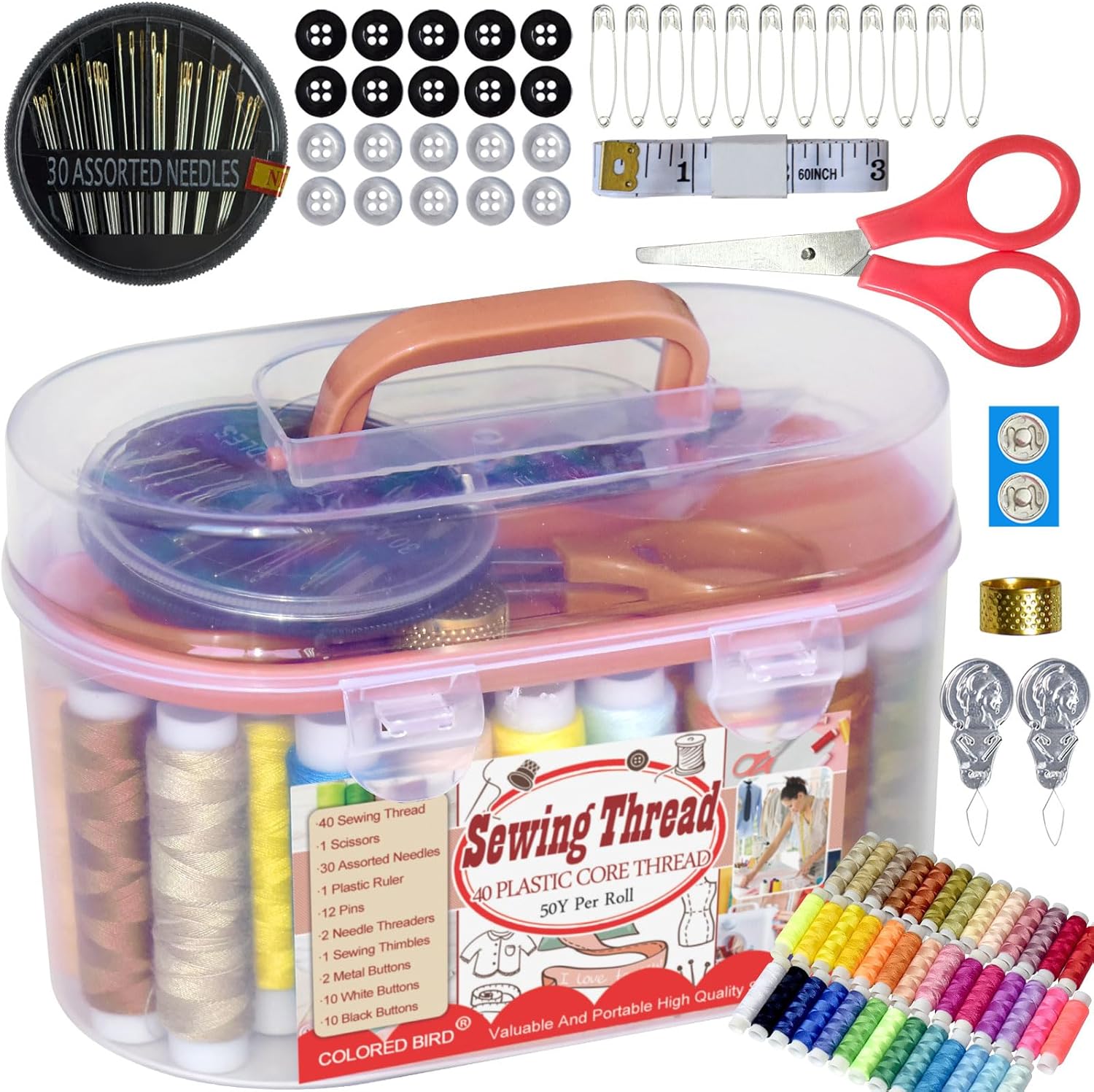 colored bird 40 Spools of Sewing Thread,Gift Box Portable Basic Sewing Repair Kits (Red) - Image 9