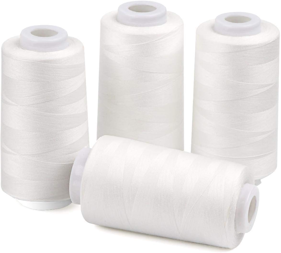 ilauke 4 x 3000 Yards Serger Thread Spools White Polyester Sewing Thread Overlock Cone