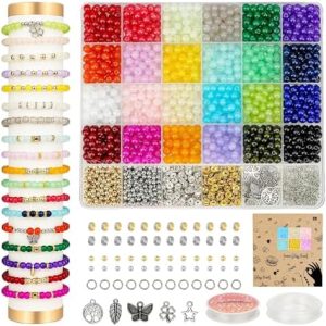 Sistenia 6mm Glass Beads Bracelet Making Kit 1400pcs, 24 Colors Crystal Beads for Jewelry Making Round Beads DIY Crafts with Spacer Beads Charms Accessories