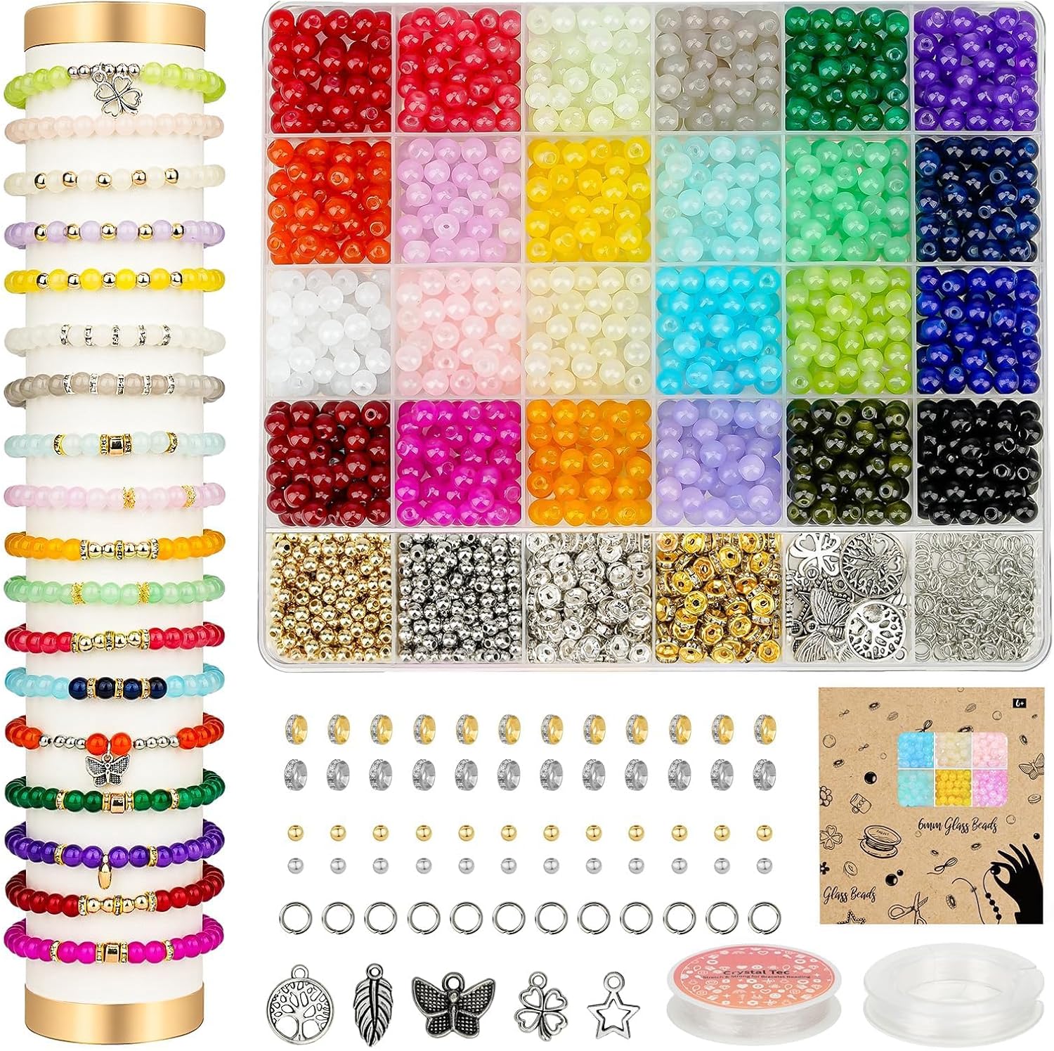 Sistenia 6mm Glass Beads Bracelet Making Kit 1400pcs, 24 Colors Crystal Beads for Jewelry Making Round Beads DIY Crafts with Spacer Beads Charms Accessories - Image 9